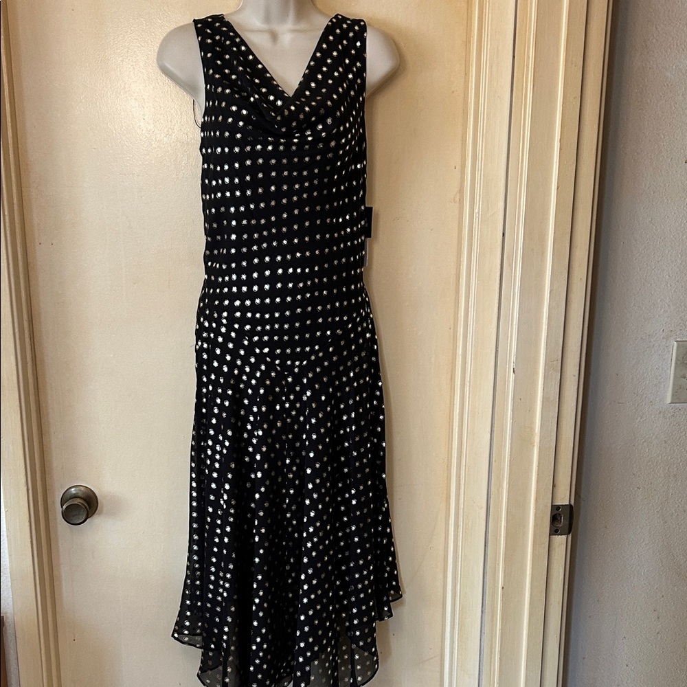 Robbie Bee Black and Gold Handkerchief Hem Dress size 8